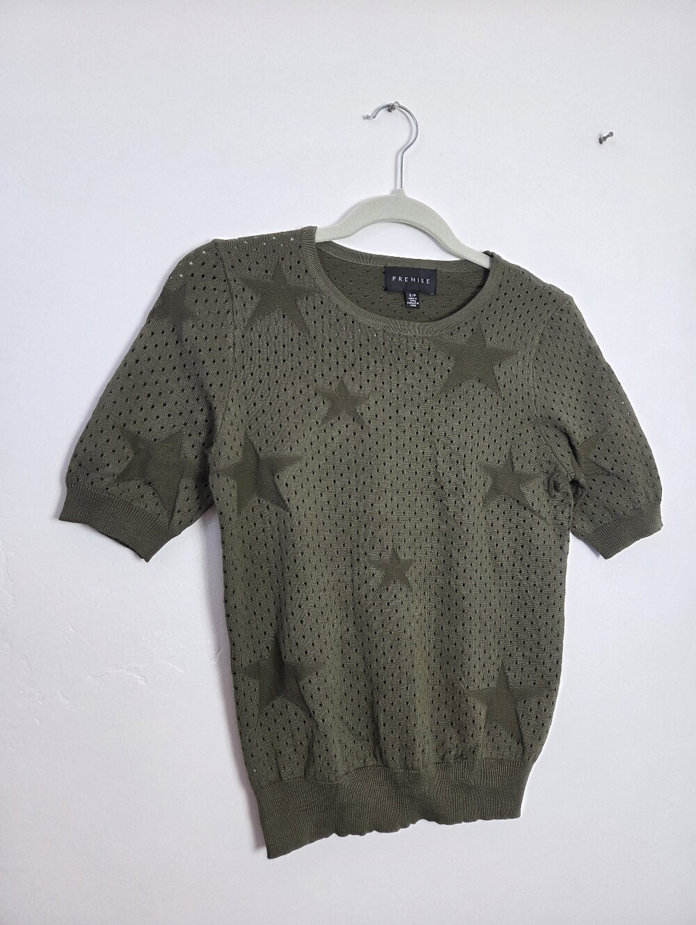 Premise Olive Green Loose Knit Sweater  Stars Lightweight Spring Short Sleeve S